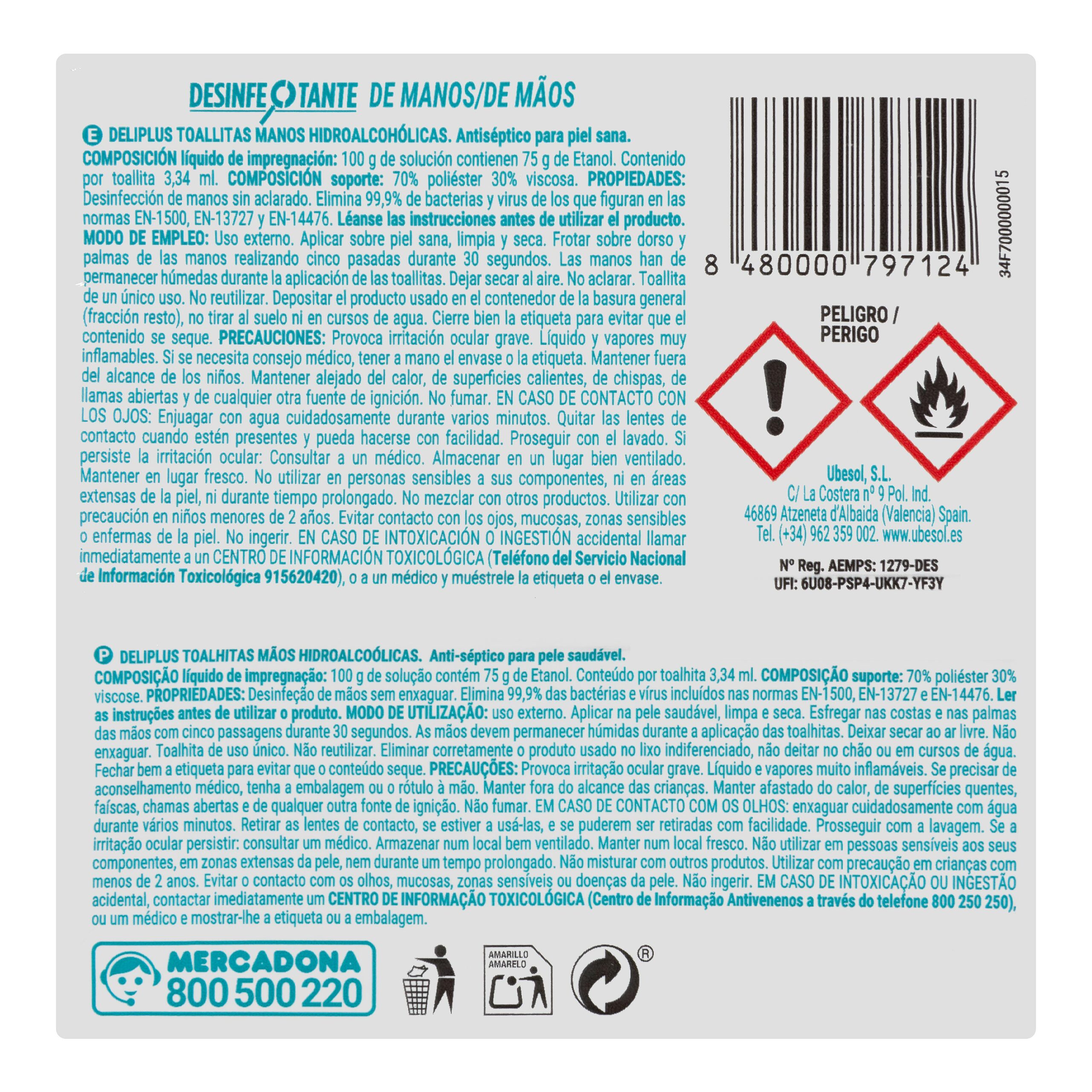 Etiqueta Toallitas de manos hidroalcohólicas Deliplus 75% Alcohol